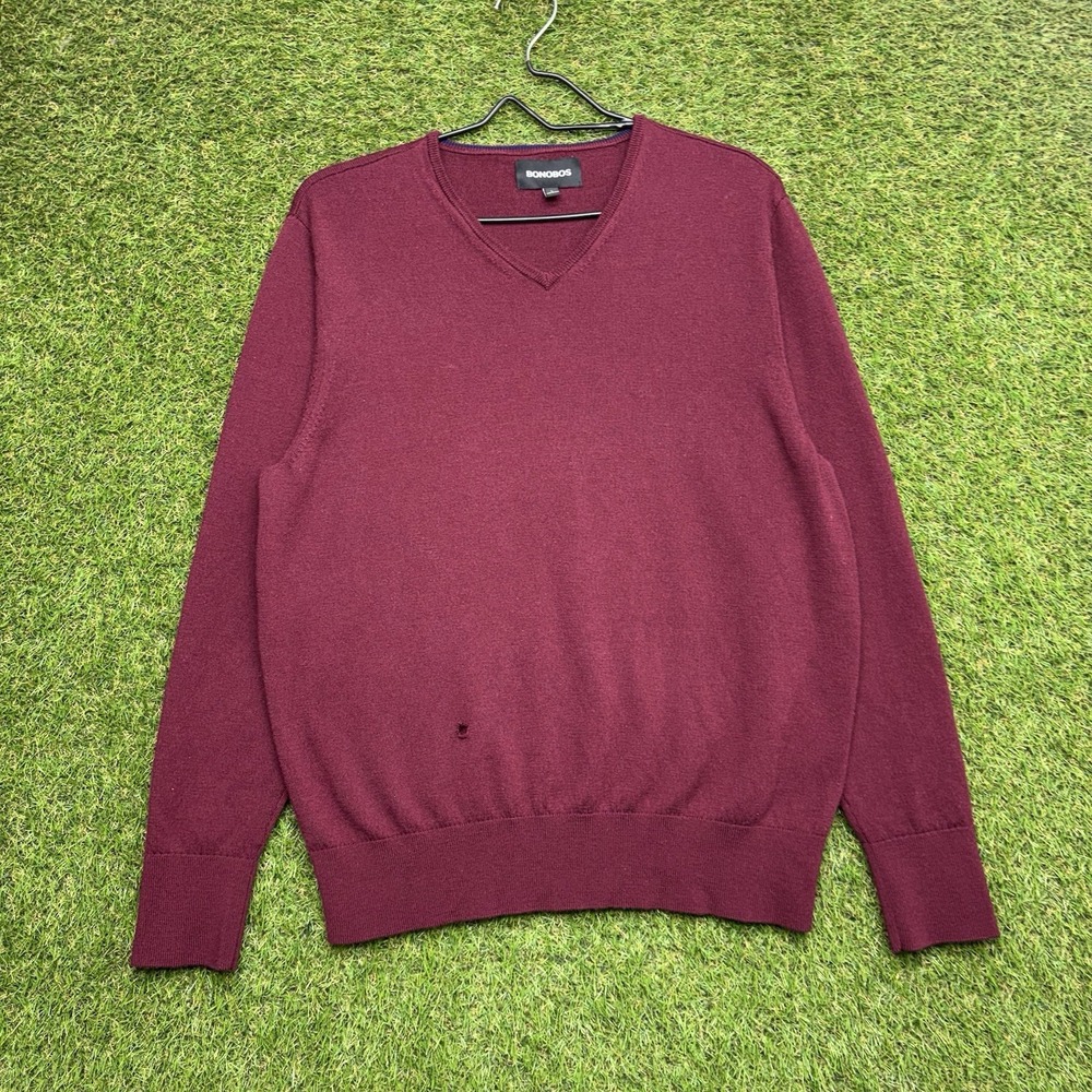 Bonobos Merino Wool Sweater Mens Large Slim V Neck Maroon Preppy Casual Dress